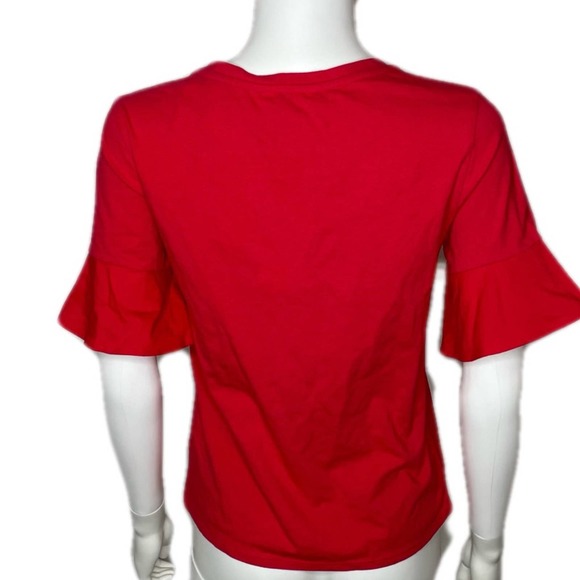 1901 Women's Red Bloom Short Flutter Sleeve Jewel Neck Cotton Blend Blouse sz XS - Picture 4 of 5
